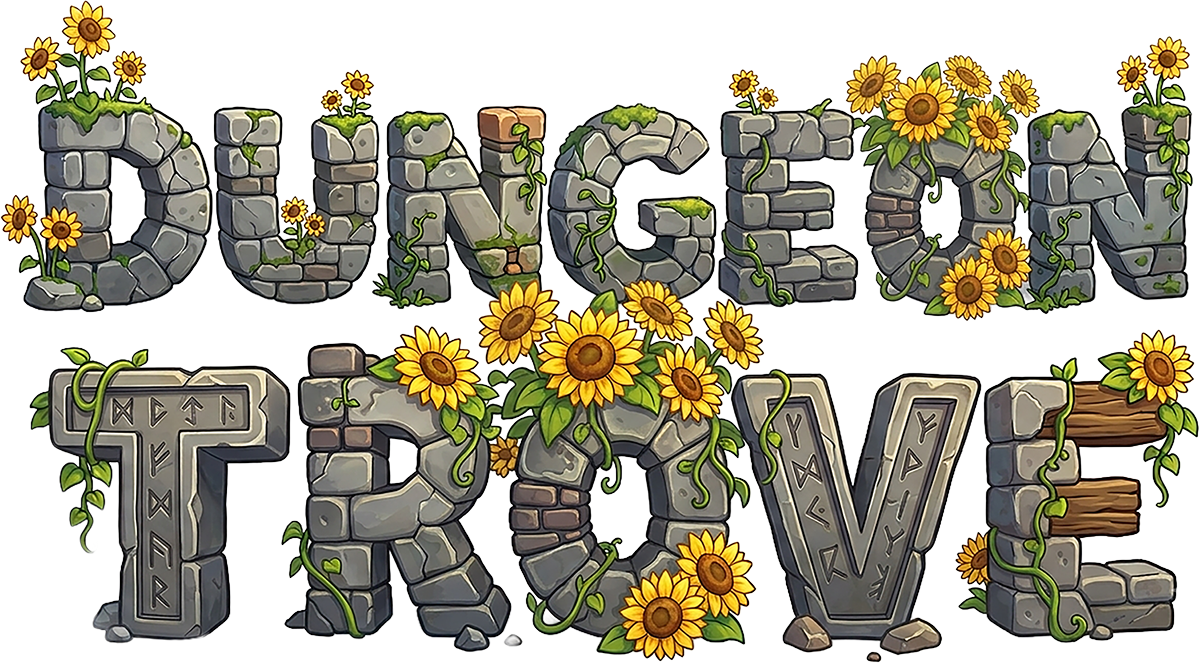 Dungeon Trove — stone letters adorned with sunflowers